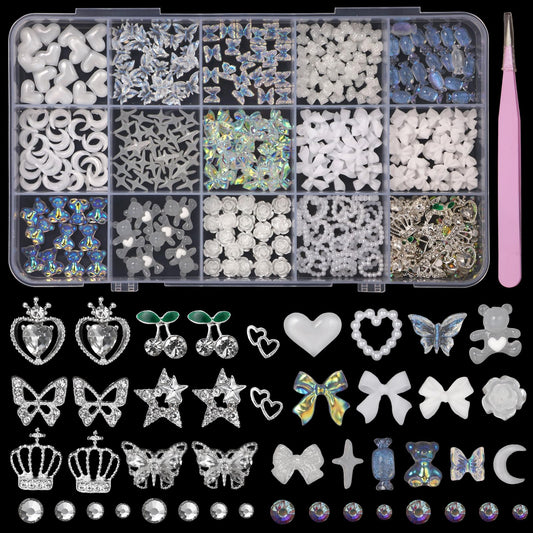White 3D Nail Charms and Gems Set Assorted Bow Flowers Cute Nail Charms Silver