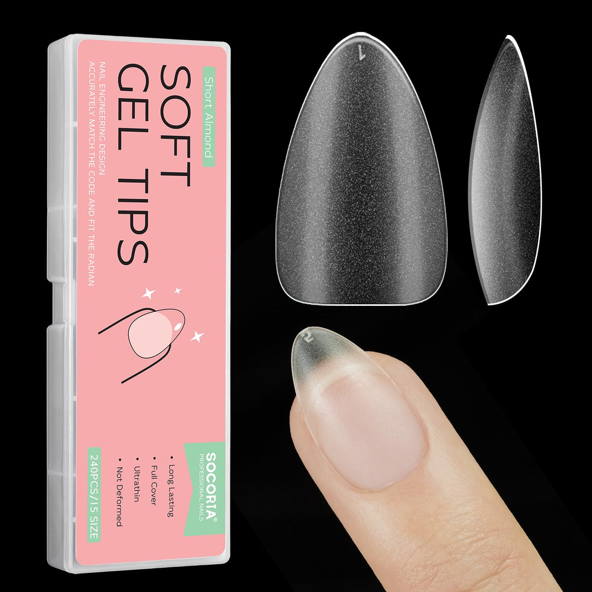 SOCORIA Short Almond Nail Tips | Soft Gel False Nail | Pre-shaped Matte Full Cover Press Acrylic Fake Nail Tips