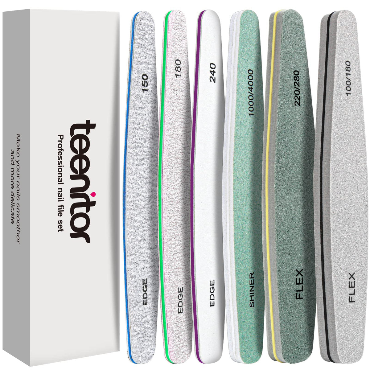 Teenitor Nail File Nail Buffer 6 pcs Nail Files and Buffers for Natural Nails Emery Boards for Nails Nail Buffer and Shine Kit Nail Filer Nail Buffer Block 100/180 Grit Nail Files Fingernail Files