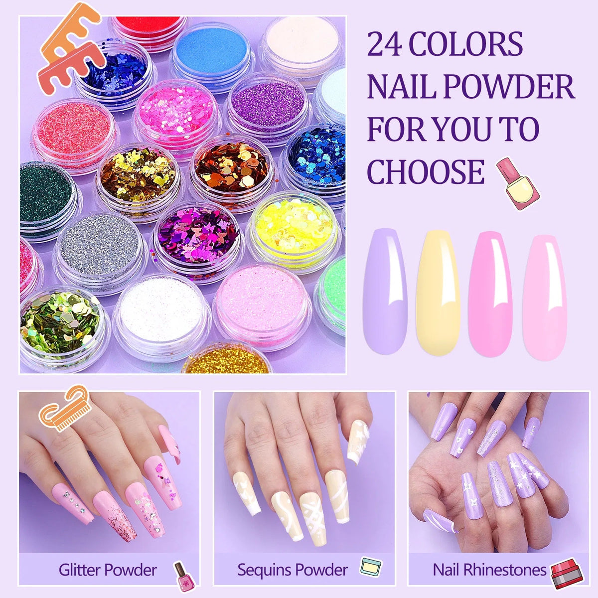 Kit Completo de Acrílico y Gel UV — Lámpara + 4 Geles + 24 Glitters