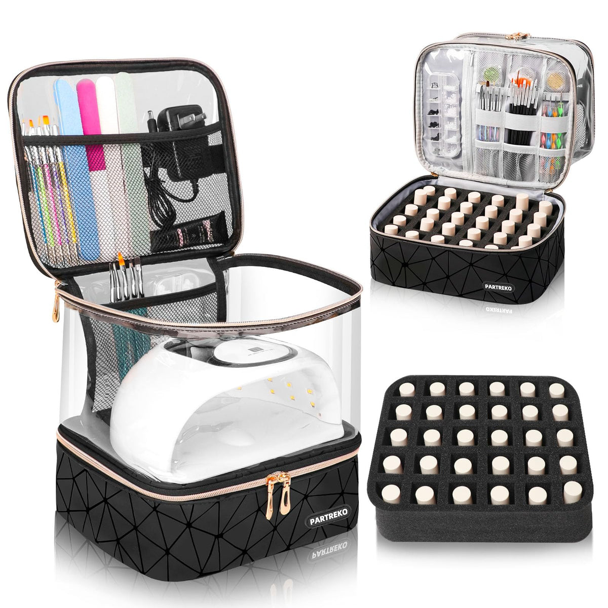 Partreko Clear Nail Polish Organizer Holds 30 Bottles (15ml/0.5fl.oz)& Nail Lamp Double Layer Nail Supplies Organizer Case Transplant PU Leather Nail kit Storage Bag for Manicure Tools (Black)