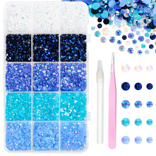 12000 Pcs Resin Jelly Rhinestones for Crafting Multi Sizes AB Flatback Blue Color Gems Bedazzling Crystal with Pickup Tool for DIY Crafts Clothing Shoes Fabric Nail Art
