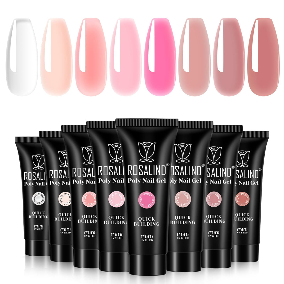 ROSALIND Poly Nail Gel Set 8 Colors 10g Clear Pretty Poly Extension Gel Nail Set Nude Pink Poly Nail Gel Kit Builder Gel Extension Kit for Nail Art Design Easy DIY Valentines Day Gift for Women