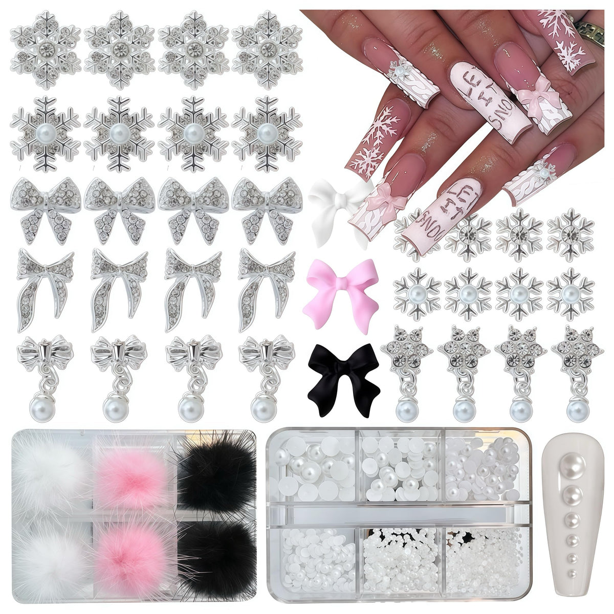 Kit de Charms para Nail Art: Copos, Lazos, Perlas y Pompones x182pcs