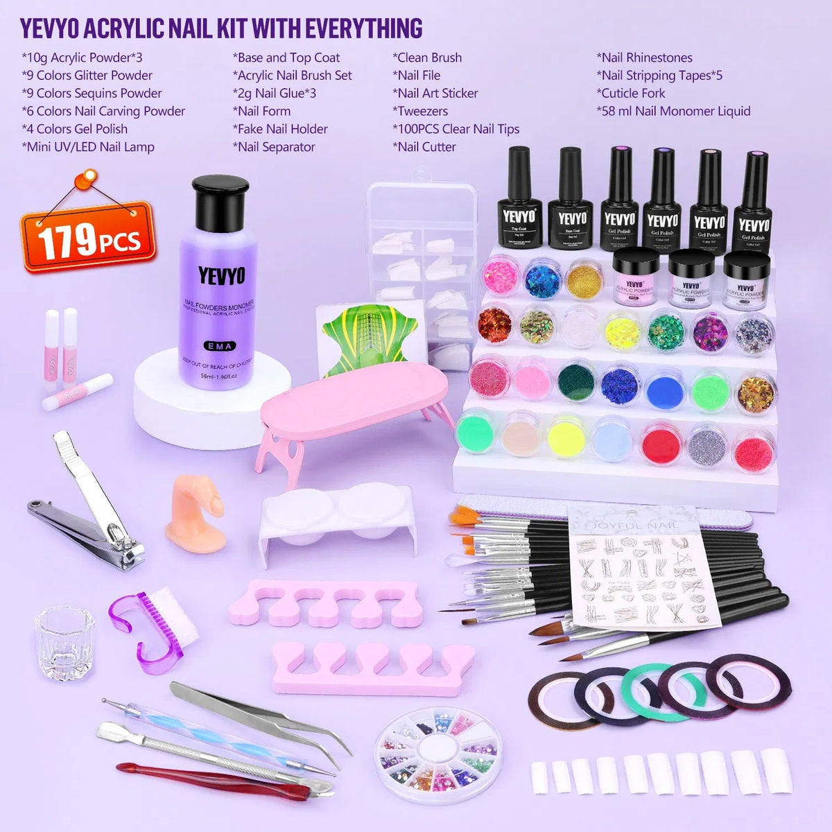 Kit Completo de Acrílico y Gel UV — Lámpara + 4 Geles + 24 Glitters
