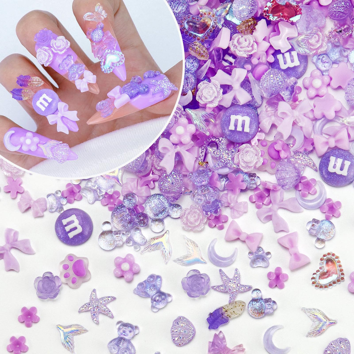 Briskbloom 320PCS Purple Assorted Mix 3D Nail Charms Cute Resin Charms for Acrylic Nail Decoration DIY Crafts Flatback Kawaii Y2K Heart Star Bow Flower Nail Supplies Rhinestones