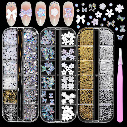 3 Boxes 3D Flowers Bows Nail Art Charms White Flower Butterfly Nail.