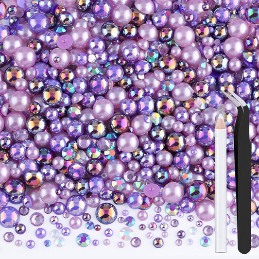 80g Flatback Pearls and Rhinestones for Crafting Purple Mixed Size 3-10mm Resin Rhinestones and Half Pearls for Bedazzling Nail Art and Decoration with Tweezer and Pickup Pencil