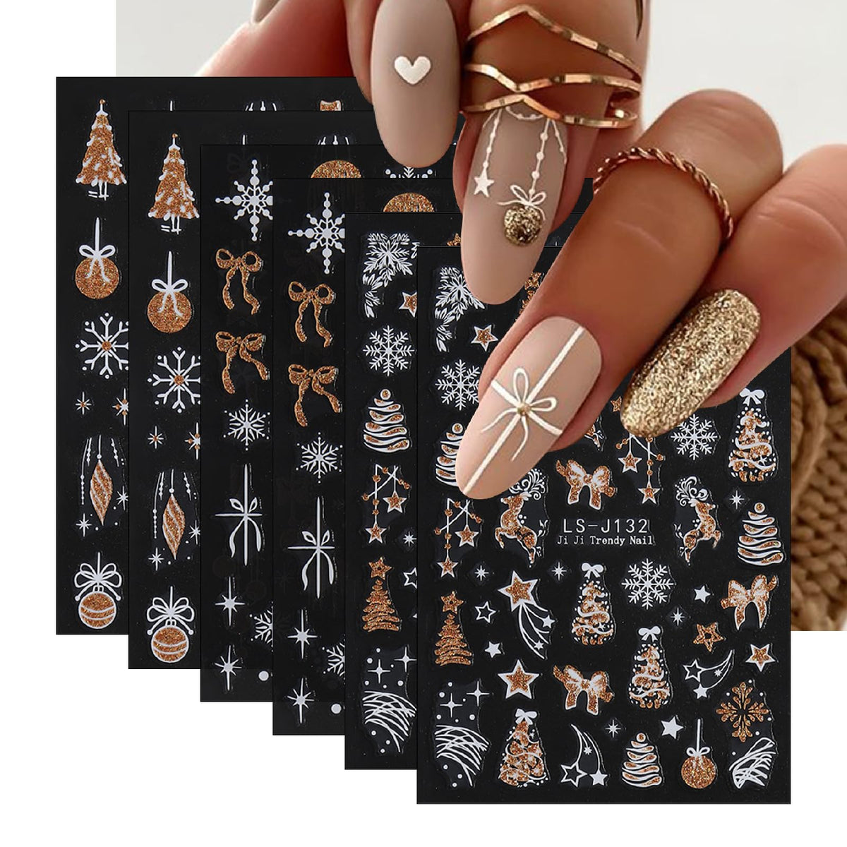 6 Sheets Glitter Christmas Nail Art Stickers 3D Self-Adhesive Snowflake Christmas Tree Nail Stickers Christmas Bell Ball Elk Nail Decals Acrylic Nail Supplies for Women Girls DIY Manicure Decoration
