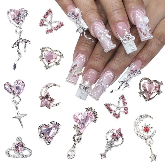 BMKKOT Butterfly Nail Charms for Nail Art 3D Heart Crown Nail Art Charms Pink Nail Gems Stars Nail Rhinestones Moon Heart Charms Nail Jewels Supplies Silver Nail Charms for Women DIY Nail Decoration