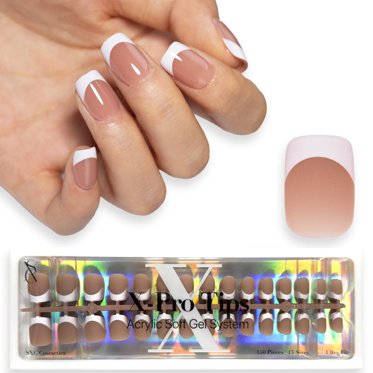 Tips Press On French Manicure Cuadradas Extra Cortas x150 — 15 Tallas