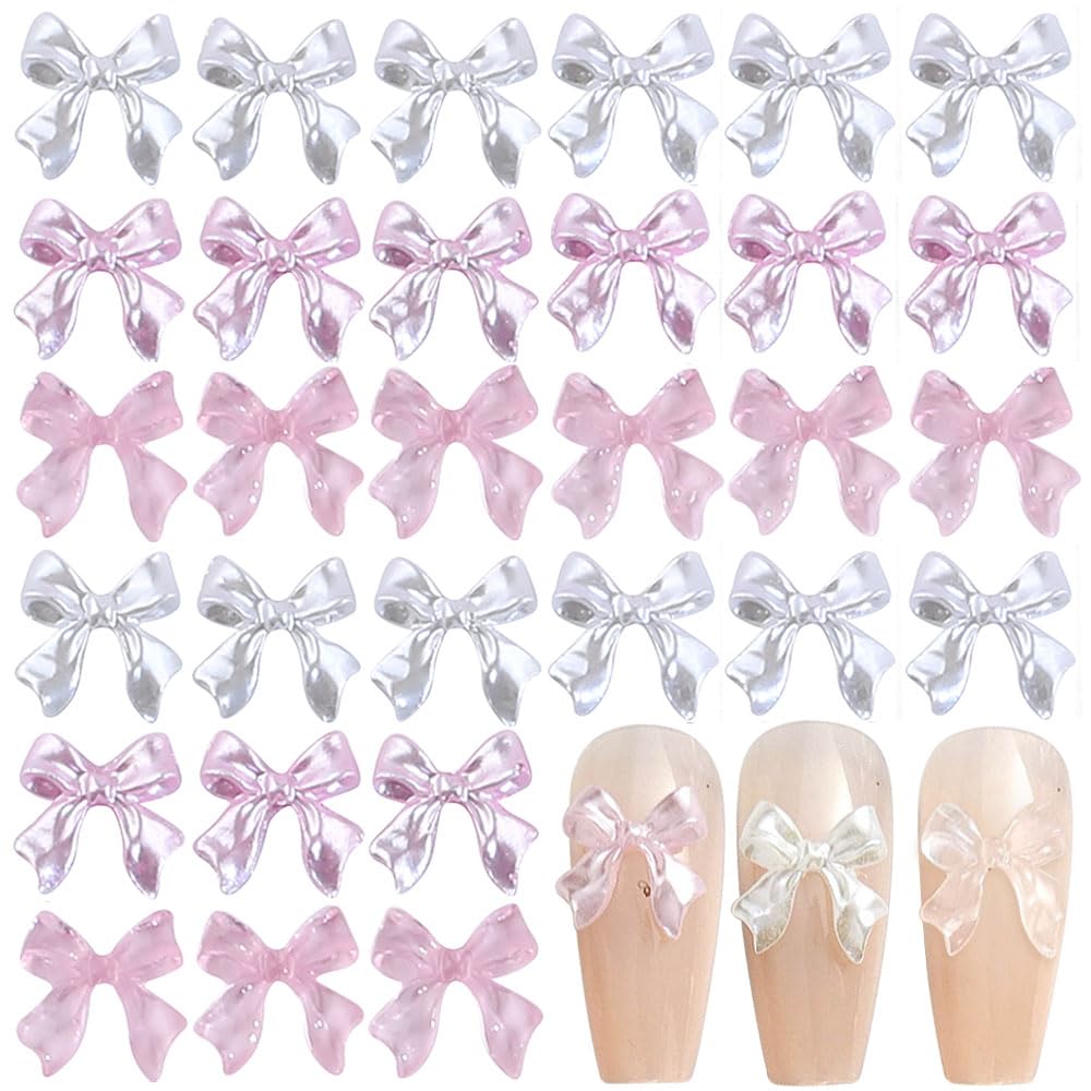 60Pcs Cute Bow Nail Charms for Nails Design White Pink Ribbon Bow Charms Nail Decor Nail Jewels for Nail Art Charms Clear Pink Bowknot Nail Charm Kawaii Nail Bows for Nails Charms Nail Accessories