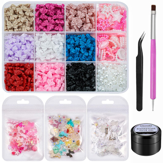 Kikonoke 650 Pieces Bow Nail Charms Kit mixed Star Heart Moon Nail Gems and 3-6mm Flatback Nail Art Pearls for Manicure DIY Crafts with Glue Pickup Tools (Layer with Glue)